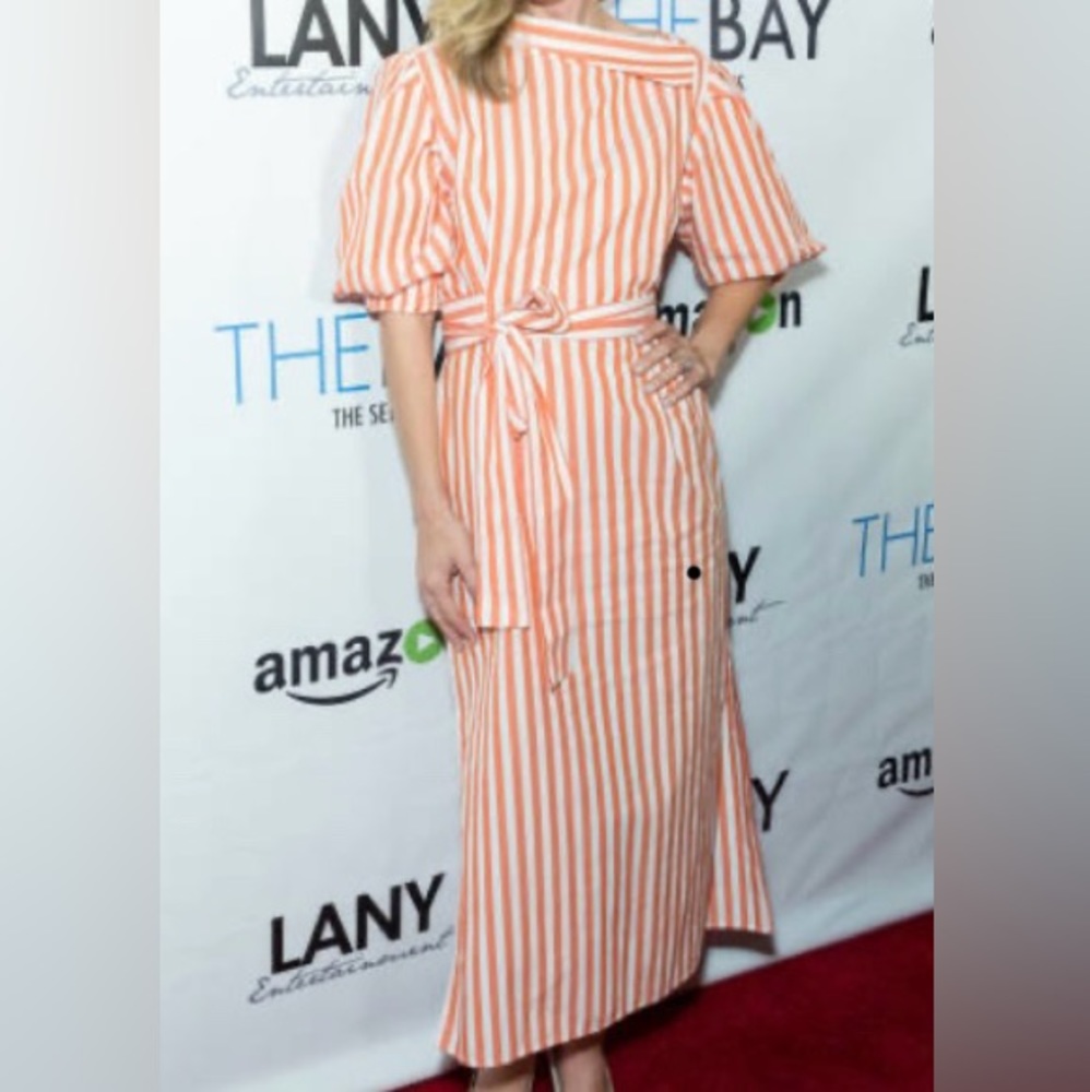 ZARA WOMAN. Orange and white striped midi dress w/belt. Slits on side.